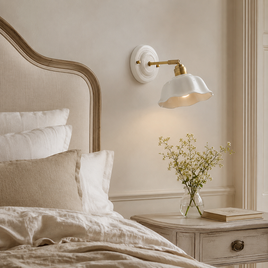 Applique murale design doré et verre blanc forme fleur chambre