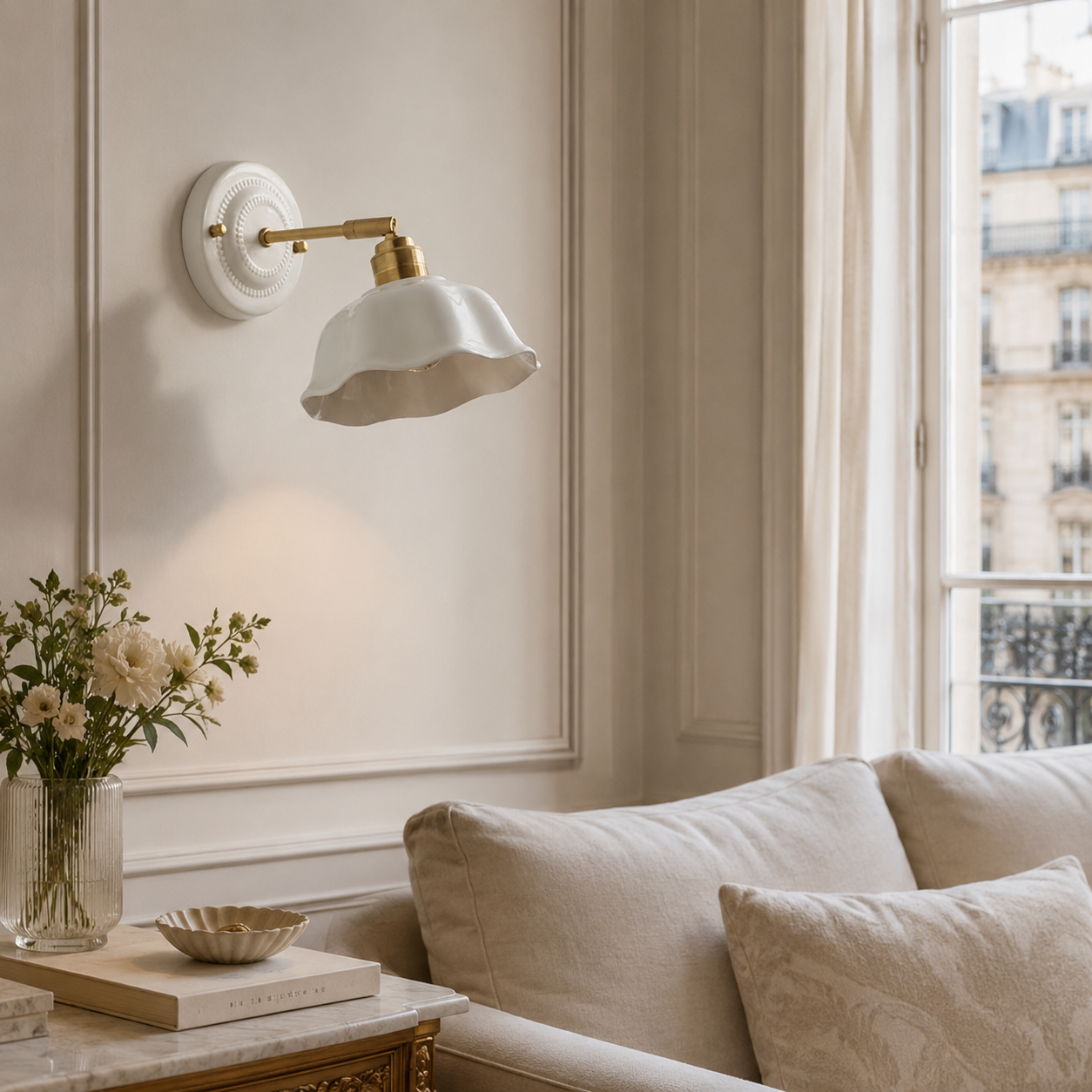 Applique murale design doré et verre blanc forme fleur chambre salon