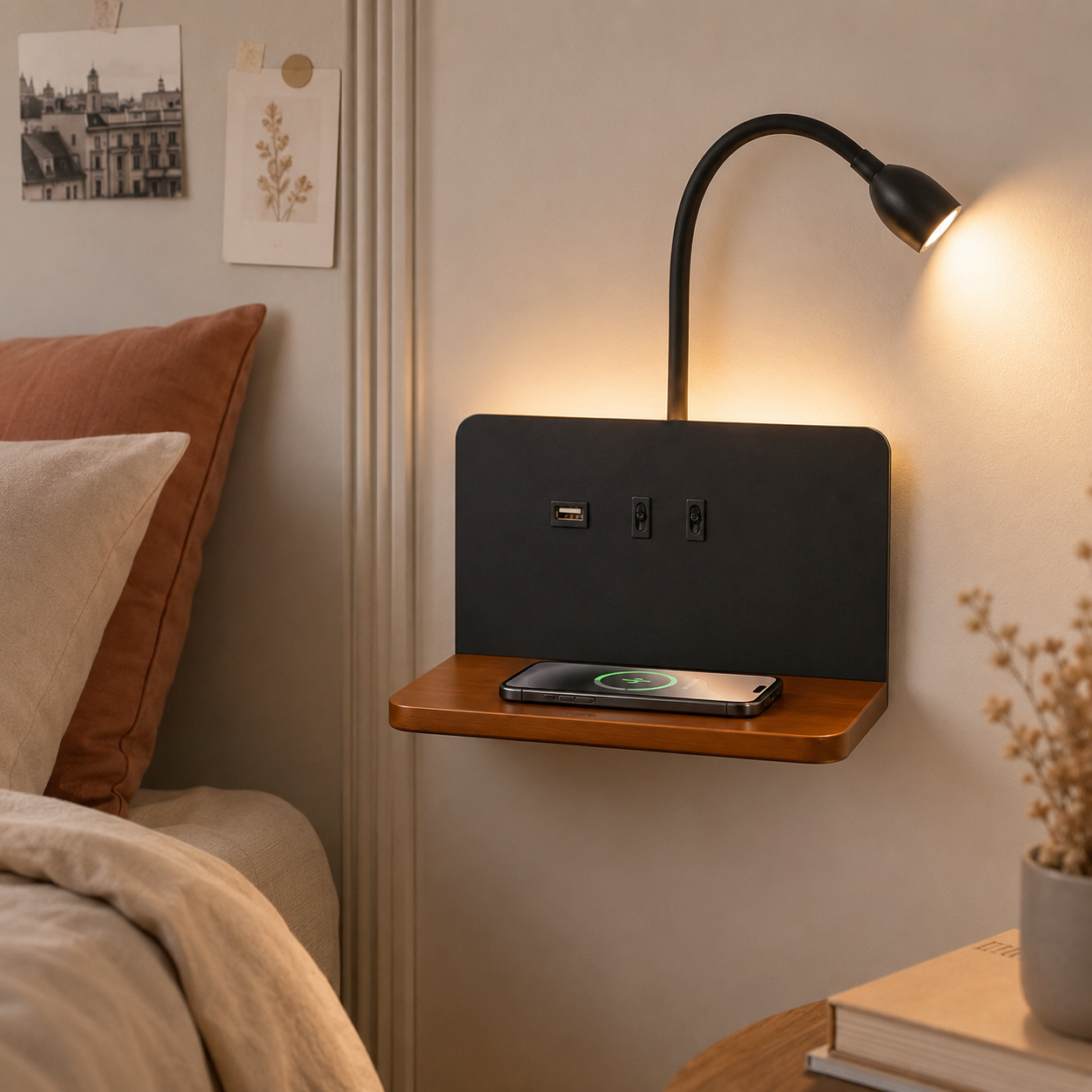 Applique Murale Chambre ado avec Chargeur Induction Noire