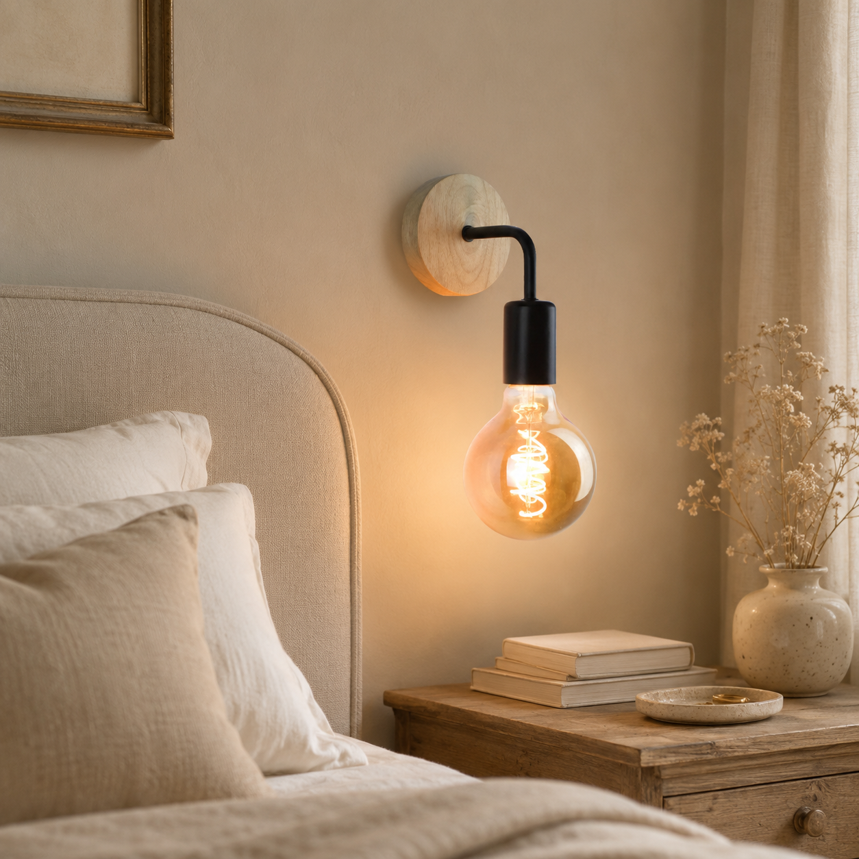 Applique murale bois métal Lignéo variante Circula installée dans une chambre chaleureuse près du lit.