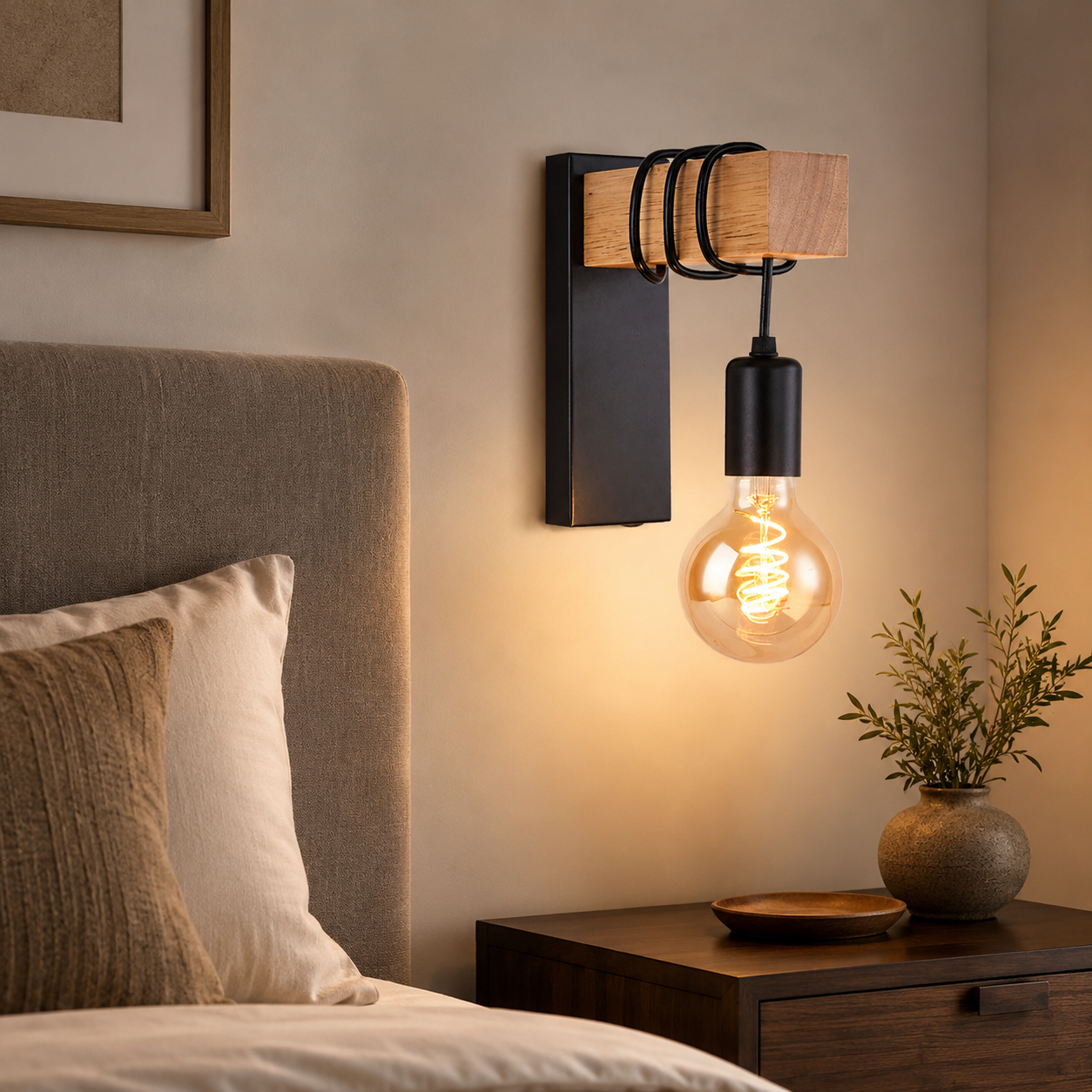 Applique murale bois métal Lignéo variante Rétro installée dans une chambre chaleureuse près du lit.