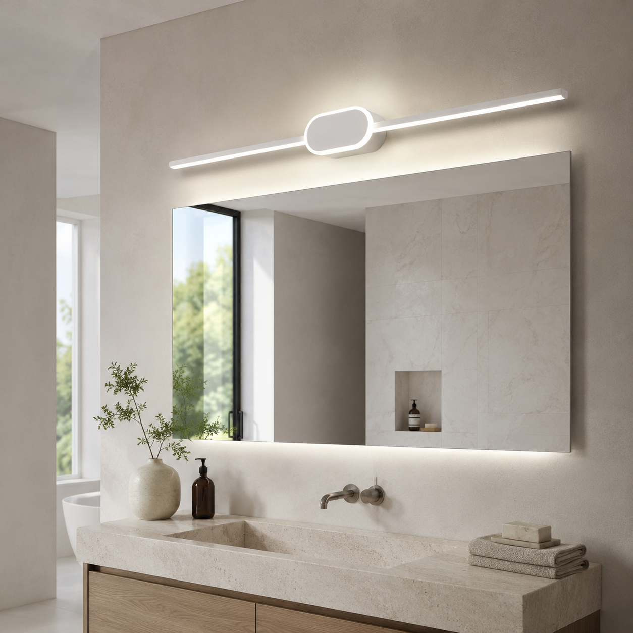 Applique murale LED salle de bain blanche Clarté au-dessus d’un miroir dans une salle de bain claire en travertin.