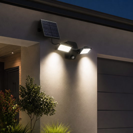 Applique murale solaire puissante Hélios avec panneau solaire et deux têtes LED sur une façade extérieure.
